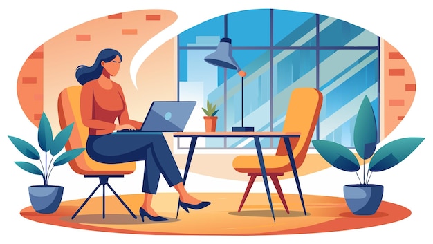 Professional woman working on laptop in modern home office setting Vector Illustration