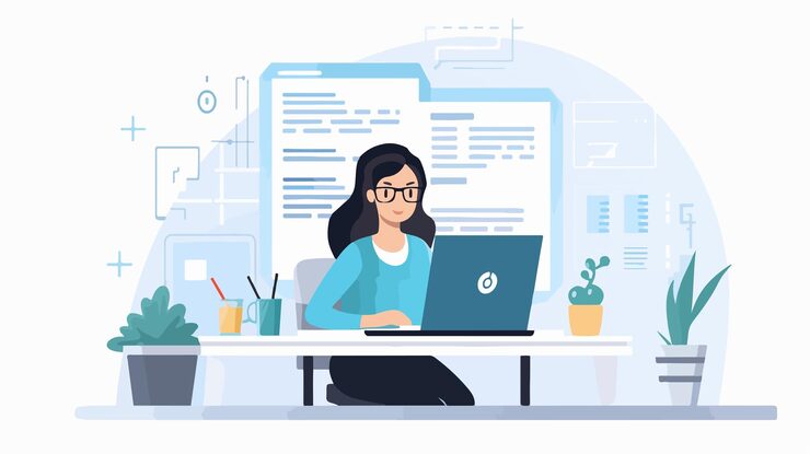 Vector professional woman working with code language algorithm coder