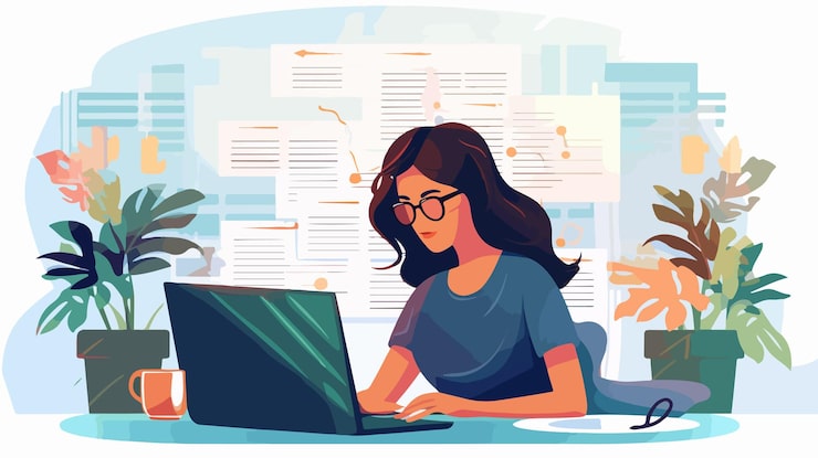 Vector professional woman working with code language algorithm coder