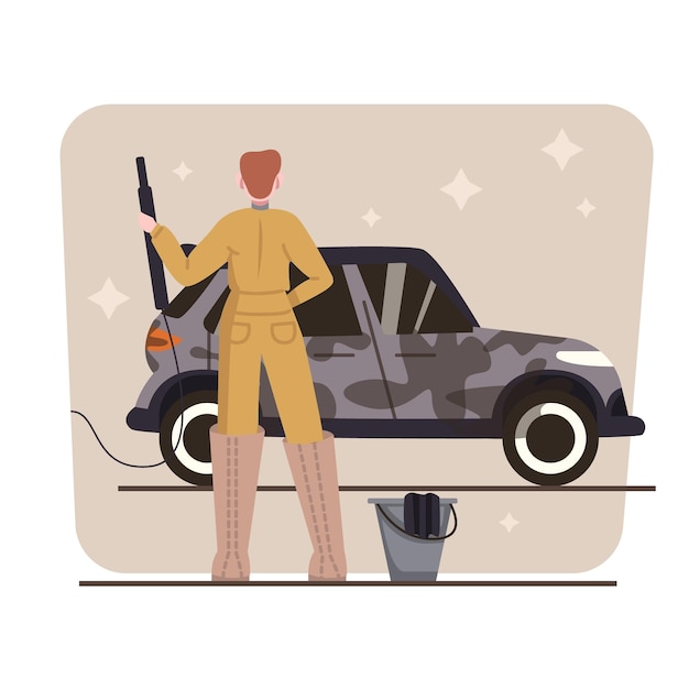 Vettore operaio professionista in uniforme che tiene strumento e in piedi vicino a un'auto sporca