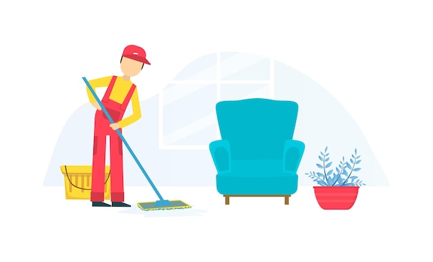 Professional Worker in Uniform Mopping the Floor Cleaning Company Staff at Work Flat Vector Illustration