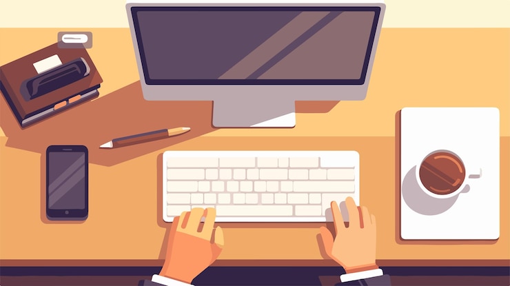 Vector professional workspace with coffee break on computer desk