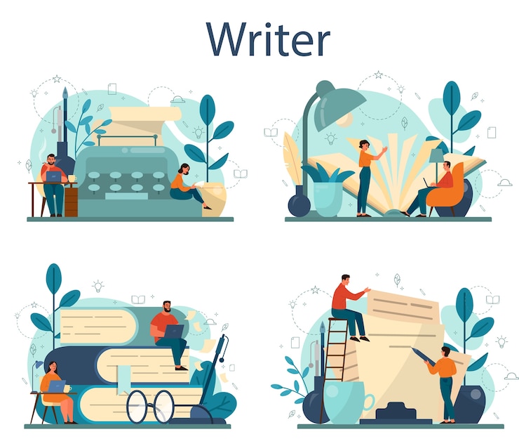 Vector professional writer or journalist concept  set. idea of creative people and profession. author writing script of a novel.  