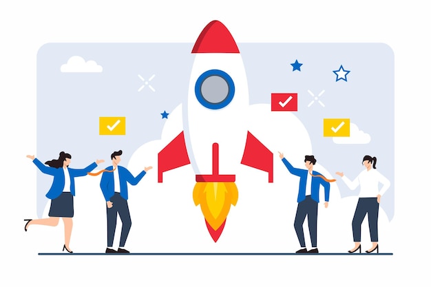 professionals collaborating to launch new project with rocket symbolizing growth