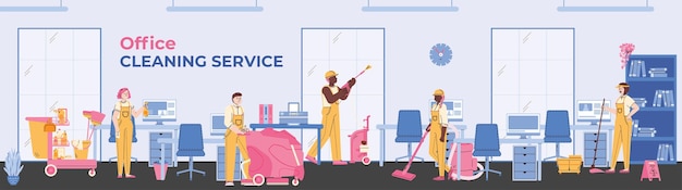 Professioneel schoonmaakteam van schoonmaakservice maakt op kantoor een vectorbanner schoon