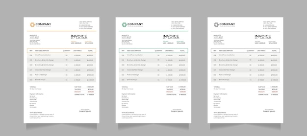 Professioneel zakelijk factuursjabloonontwerp met oranje, groene en zwarte kleur.