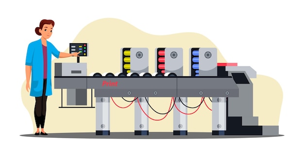Professionele apparatuur voor het concept van reclamebureaus Vrouwenarbeider drukt op offsetdrukmachine af