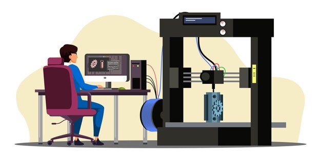 Professionele apparatuur voor reclamebureau Man engineer prints op 3D-printer