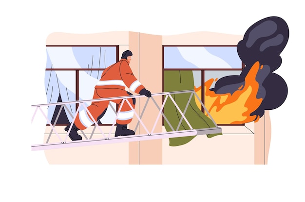 Professionele brandweerman klimt op de ladder van de brandweerwagen Brandweerman in helm gaat een brandend huis blussen Brandrook in een open raam Noodongeluk Platte geïsoleerde vector illustratie op wit.