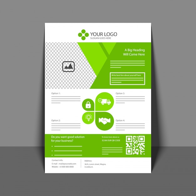 Vector professionele flyer in groene kleur, corporate brochure, jaarverslag en cover design sjabloon voor uw bedrijf.