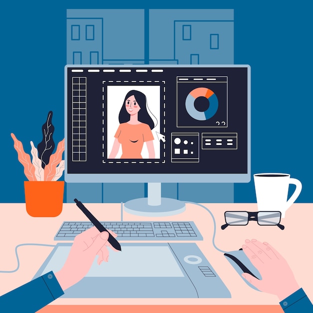 Vector professionele fotograaf foto bewerken op de computer. er afbeelding bewerken met professionele software. illustratie