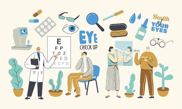 Professionele gezichtsdiagnostiek, opticienexamen voor gezichtsbehandeling. doctor character check vision voor brillen dioptrie. oogarts met pointer checkup eye sight. lineaire mensen vectorillustratie