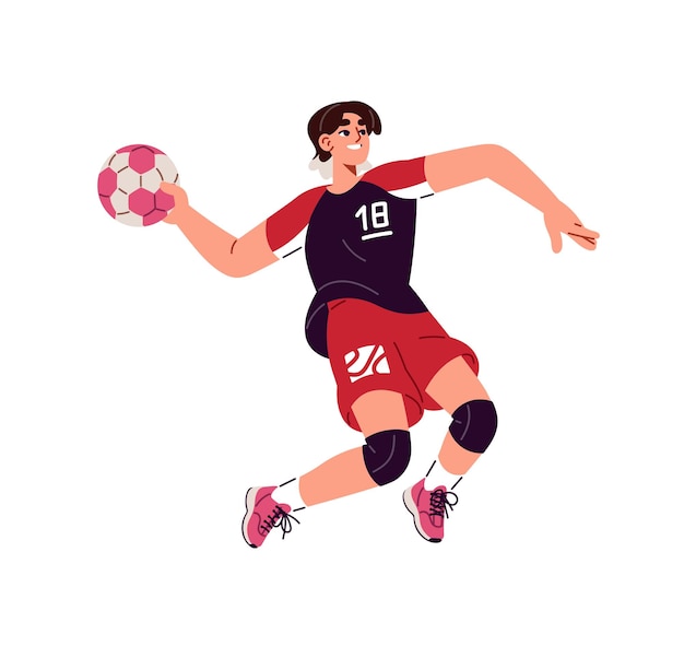 Professionele handbalspeler gooit een bal. Sportvrouw in uniform speelt een sportwedstrijd in een wedstrijd. Ze haast zich om te winnen. Atletische training. Platte geïsoleerde vectorillustratie op witte achtergrond.