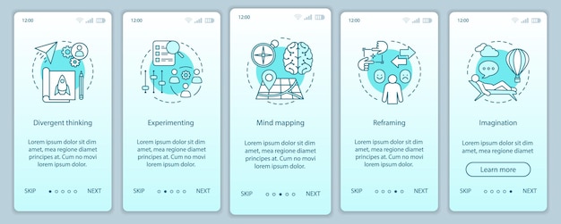 Professionele kwaliteiten onboarding mobiele app pagina scherm vector sjabloon. HR-softskills. Verbeelding, experimenteren, herkaderen. Doorloop website stappen. UX, UI, GUI smartphone-interfaceconcept