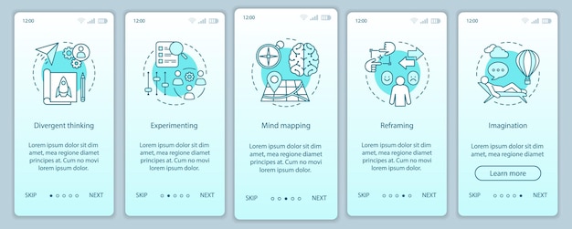 Professionele kwaliteiten onboarding mobiele app pagina scherm vector sjabloon. hr-softskills. verbeelding, experimenteren, herkaderen. doorloop website stappen. ux, ui, gui smartphone-interfaceconcept