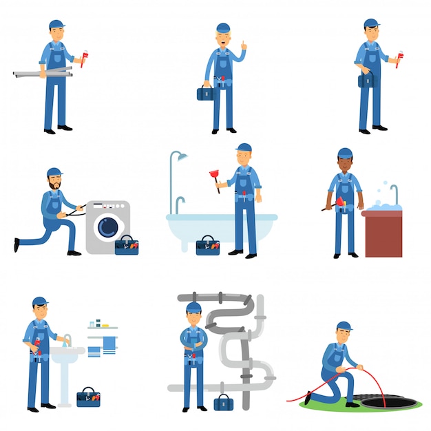 Professionele loodgieter in blauw uniform op het werk ingesteld, loodgietersdienst illustraties