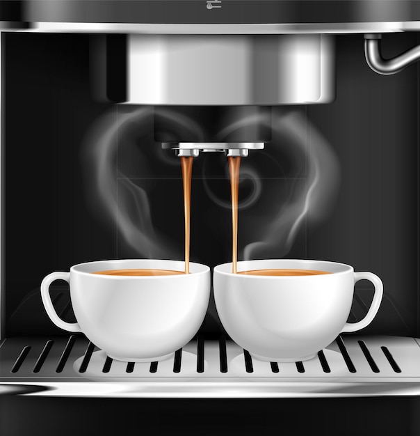 Professionele machine die twee kopjes koffie bereidt