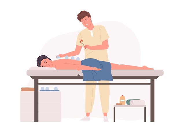 Professionele massagetherapeut beoefenen van vacuüm cupping lichaamstherapie in salon. Patiënt genieten van wellness SPA fysiotherapie. Gekleurde platte cartoon vectorillustratie geïsoleerd op een witte achtergrond.