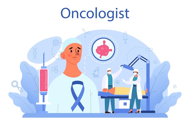 Vector professionele oncoloog kanker ziekte diagnose en behandeling oncologie chemotherapie biopsie tumorverwijdering geïsoleerde platte vectorillustratie