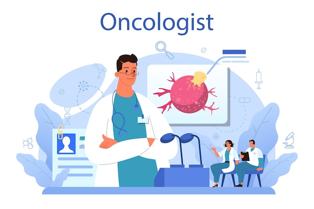 Professionele oncoloog Kanker ziekte diagnose en behandeling Oncologie chemotherapie biopsie tumorverwijdering Geïsoleerde platte vectorillustratie