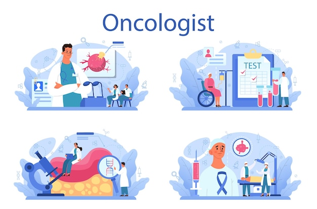 Professionele oncoloog set kanker ziekte diagnose en behandeling oncologie chemotherapie biopsie tumorverwijdering geïsoleerde platte vectorillustratie