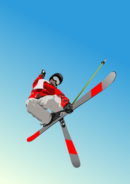 Professionele skiër maakt een sprong met ski's en stokken tegen een heldere blauwe lucht