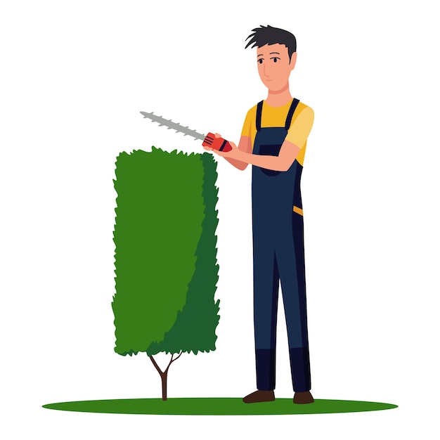 Professionele tuinman trimmen plant met heggenschaar Man aan het werk in achtertuin gekleurde platte vectorillustratie van werknemer in uniform geïsoleerd op witte achtergrond