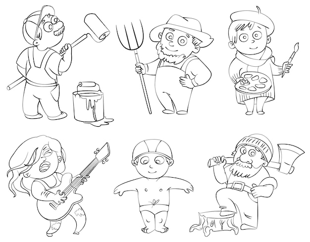 Professions. Builder, painter, rocker, woodcutter, swimmer, farmer. Coloring book. Vector illustration. Isolated on white background