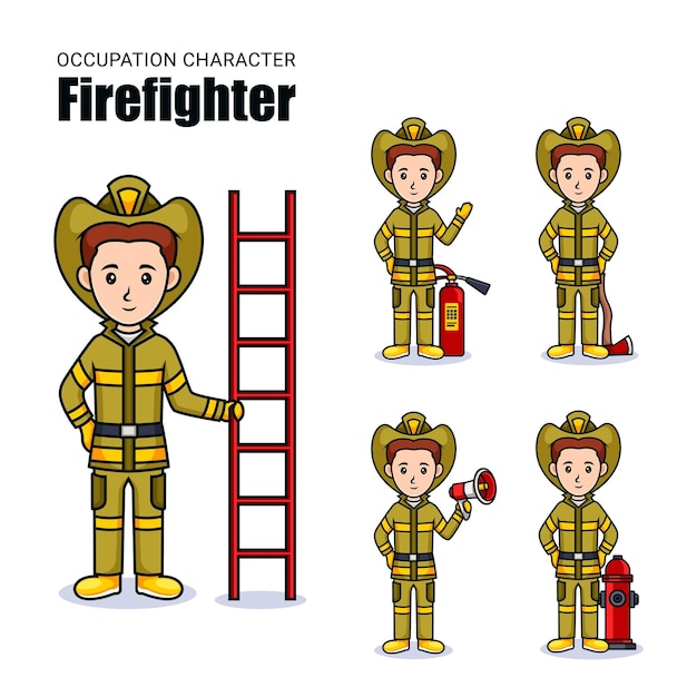 Professions people cartoon set of firefighter vector