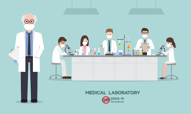 Vettore professore, medico, scienziato e tecnico scientifico che fa il vaccino di ricerca e analisi per il coronavirus, covid-19 nel laboratorio di scienze mediche.