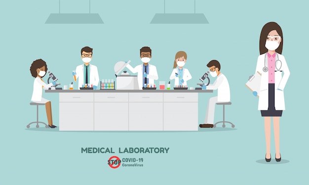 Vector professor, doctor, scientist and science technician doing research and analysis vaccine for coronavirus, covid-19 in medical science laboratory.