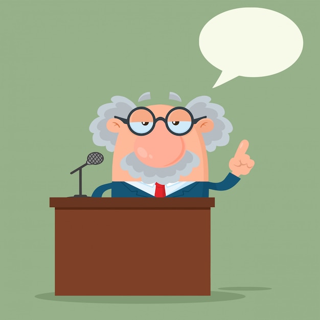 Professor or scientist cartoon character speaking behind a podium with speech bubble