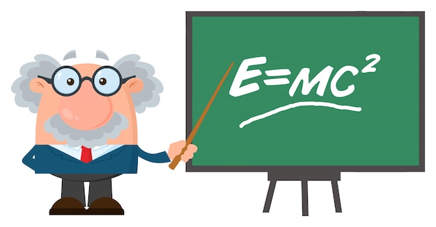 Professor Or Scientist Cartoon Character With Pointer Presenting Einstein Formula. 