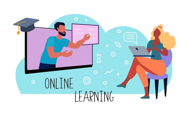 Professore che insegna studente online apprendimento online ispirato insegnante a lavoro remoto vettore