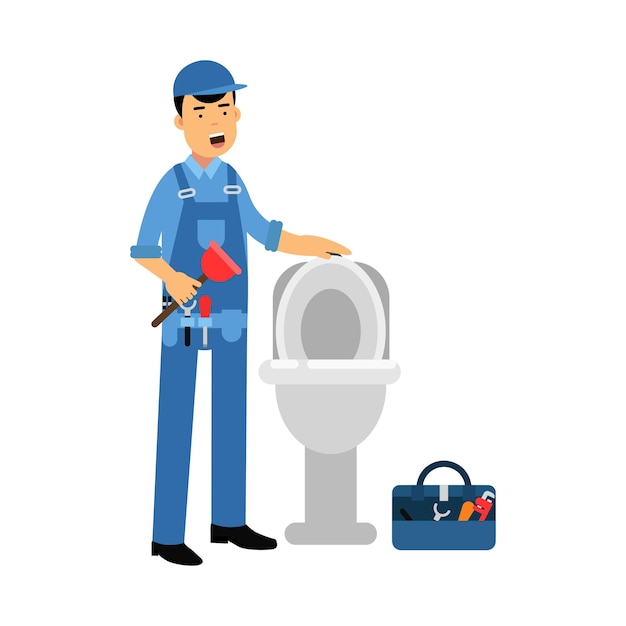 Proffesional plumber character repairing toilet with hand plunger, plumbing service vector Illustration on a white background