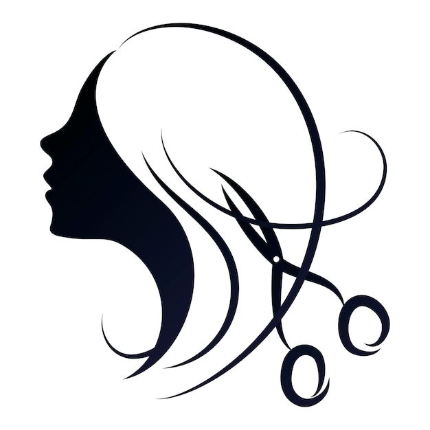 髪のカールとスタイリストのはさみを持つ美しい少女のプロフィール ビューティー サロンと美容師のシンボル