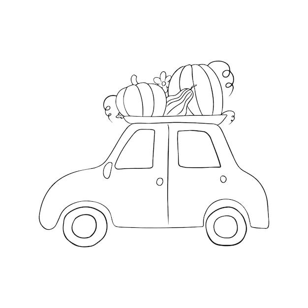Профиль автомобиля с урожаем наверху баклажан тыква дудл линейная мультяшная раскраска