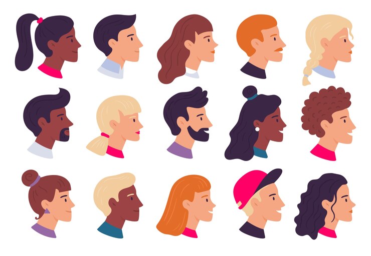 Vector profile people portraits. male and female face profiles avatars, side portrait and heads. person web user avatar, hipster character portrait. isolated flat vector illustration icons set