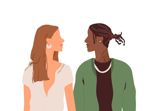 Profile portrait of multiracial couple of young man and woman.\
multiethnic love partners standing face to face. colored flat\
vector illustration of modern people isolated on white\
background.