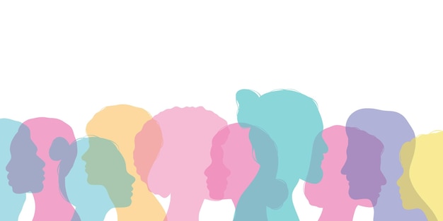 Профиль силуэт разнообразной группы людей векторная иллюстрация красочный баннер