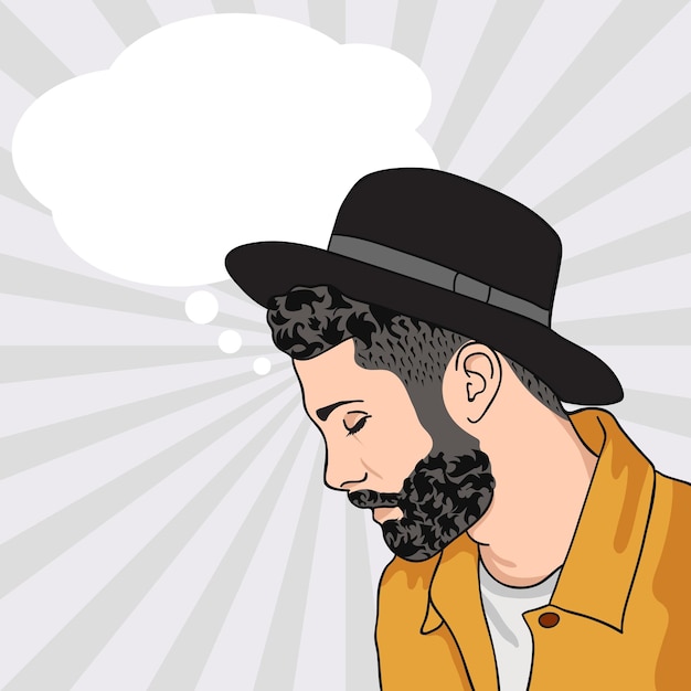 Profile view of thinking bearded man wearing hat looking down and thinking think bubbles icon