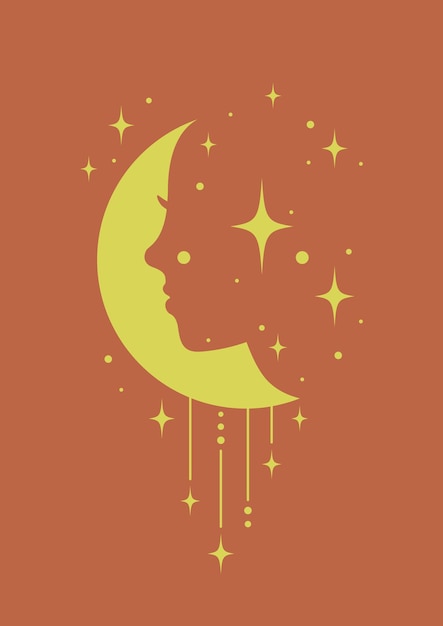 Profilo di donna con poster di disegno mistico luna full moon boho wall art