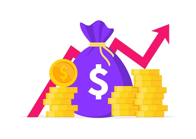 Profit concept with money bag and gold coins graph of growth profit with arrow