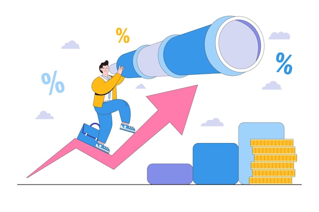 Vector profit and earnings forecast future growth or career development vision business opportunity or investment and market prediction concepts businessman climb up rising arrow holding large telescope