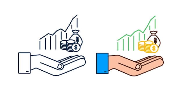 Profitto denaro o icona del budget nelle mani contanti e freccia del grafico in aumento sul concetto di successo aziendale