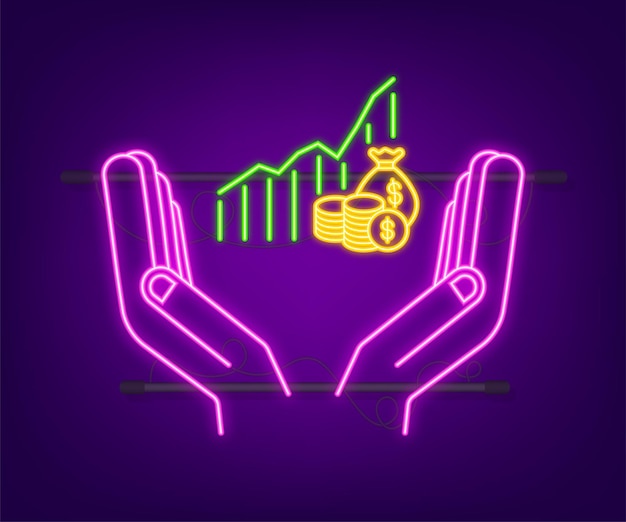 Profit money or budget neon icon in hands cash and rising graph arrow up