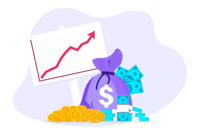 Profit money. graph of growth profits. pile of cash with rising graph arrow up. business success, economic or market growth, benefit investment revenue, capital earnings, financial growth diagram