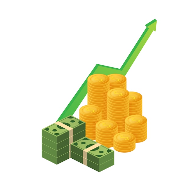 お金や予算の利益。現金と上昇グラフ矢印、ビジネスの成功の概念。