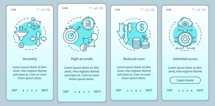 Vector profits of technologies onboarding mobile app page screen with linear concepts. versatility, accurate, open access walkthrough steps graphic instructions. ux, ui, gui vector template with illustration