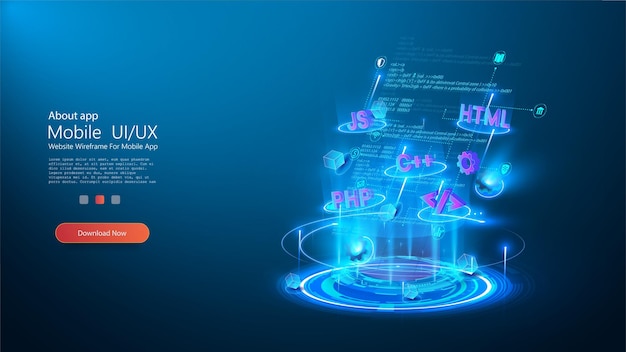 Program code and programming languages on blue glowing background Abstract technological experience of software developer and a computer script Page template on topic of programming and development